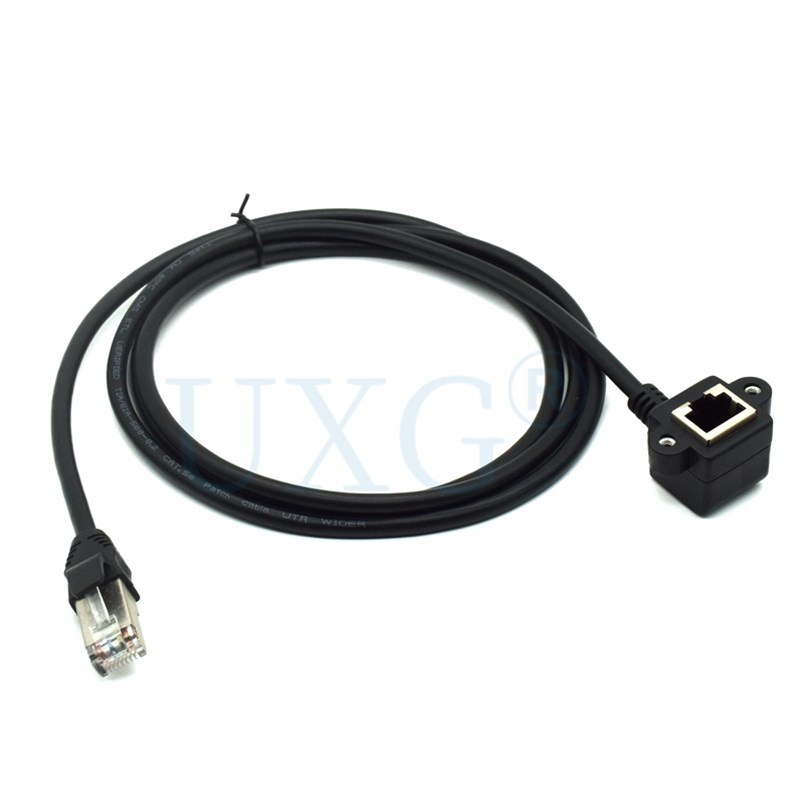 网络延长b线 RJ45公对母 CAT5网线加长线 带固定座耳朵 90度母座