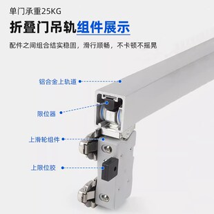 防R脱轨折叠门五金配 铝合金折叠门无下轨吊滑轮衣柜门衣帽间顶装