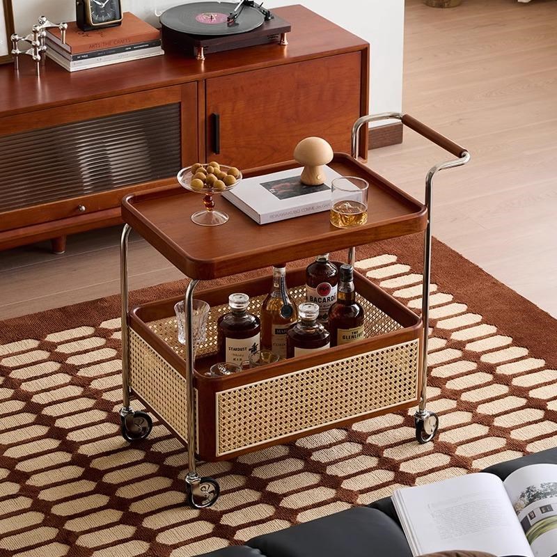 实木收纳边几中古l移动小推车客厅家用复古储物藤编置物架简约餐