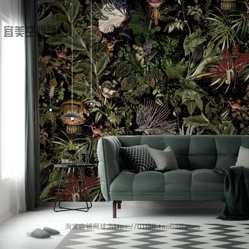 热带雨林复c古植物墙纸大气轻奢客厅卧室酒吧咖啡厅灭绝动物壁纸