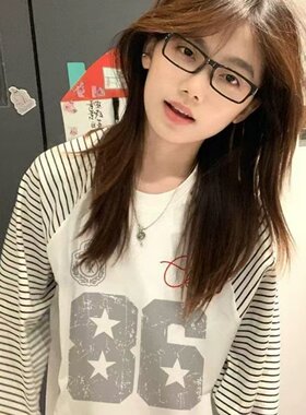 美式设计条纹宽松长袖T恤女