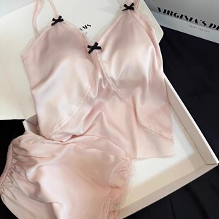 法式性感女款小心机带胸垫v领吊带+短裤套装爆款冰丝居家服防走光