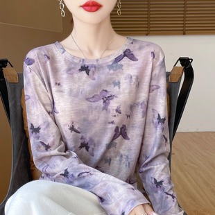 女圆领薄款 2025春季 T恤针织打底衫 新款 上衣防晒内搭 水溶印花长袖