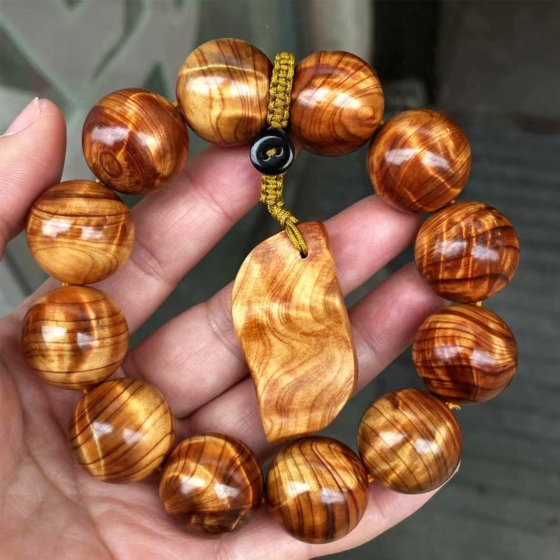 真品太行山崖柏水波纹陈化老料高密红油天然文玩女手串男送礼盘玩