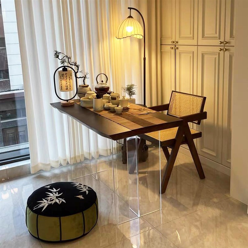 亚克力实木小户型阳台茶桌整板悬浮泡茶台简约家用客厅自然边原木