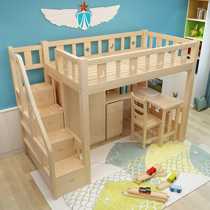 儿童高架木床多功能组合床高低双A层床带书桌衣柜一体铺床上床下