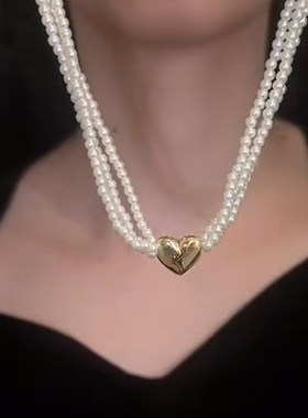 磁力爱心三层珍珠颈链女短款设计感网红百搭锁骨链2023新款项链女