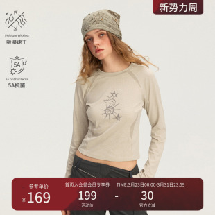 瞬时山野Monterest华夫格肌理拼接5A抗菌吸湿速干印花长袖 T恤女