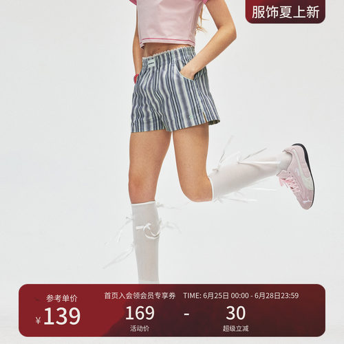 瞬时山野Monterest户外刺绣logo蕾丝腰头宽松条纹阿罗裤短裤女款