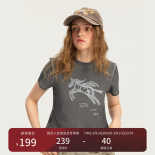 瞬时山野Monterest马年限定复古水洗独角兽印花凉感修身短款T恤女