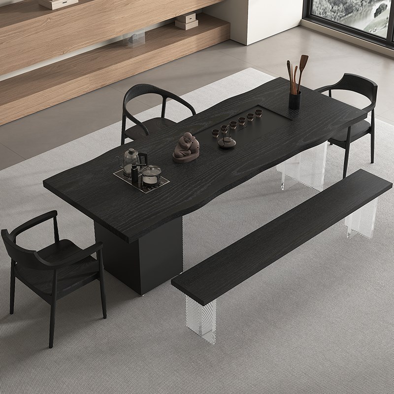 侘寂风实木茶e桌椅组合茶盘烧水壶一体碳化黑原木大板泡茶桌亚克