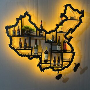 吧中国地图酒架墙上壁挂书架红酒柜网红酒展示柜铁艺发光置物书架