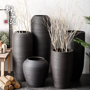 黑色干花陶罐禅意北欧陶瓷花瓶装饰摆件插花现代简约客厅落地花盆