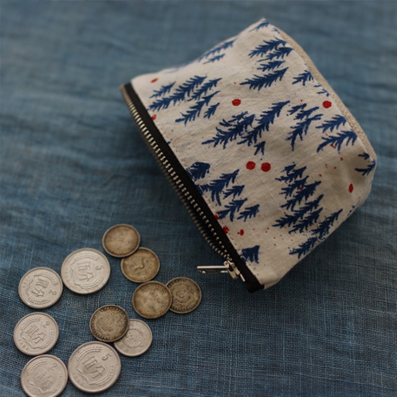 【时舟】老印花布 土布手织布 YKK拉链款迷你零钱包  收纳袋 钱包
