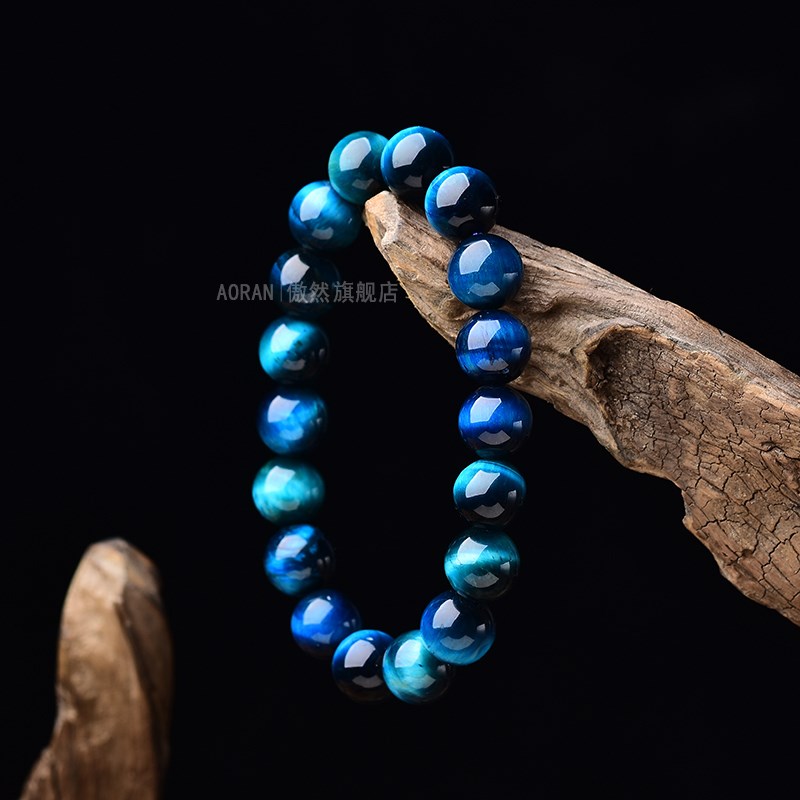 孔雀蓝虎眼石 炫蓝虎眼石天空蓝木变石手链 虎睛石猫眼石蓝虎手串