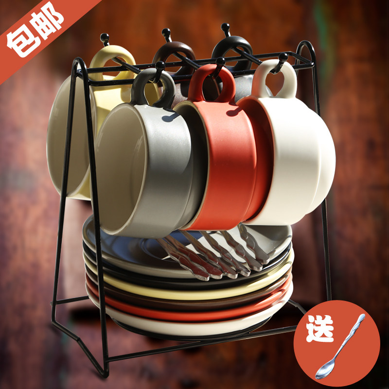 简约创意欧式陶瓷咖啡杯带碟勺套装 收纳杯架骨瓷办公马克水杯子