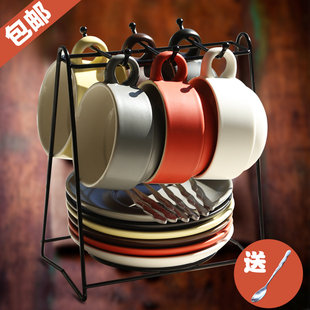 简约创意欧式陶瓷咖啡杯带碟勺套装 收纳杯架骨瓷办公马克水杯子