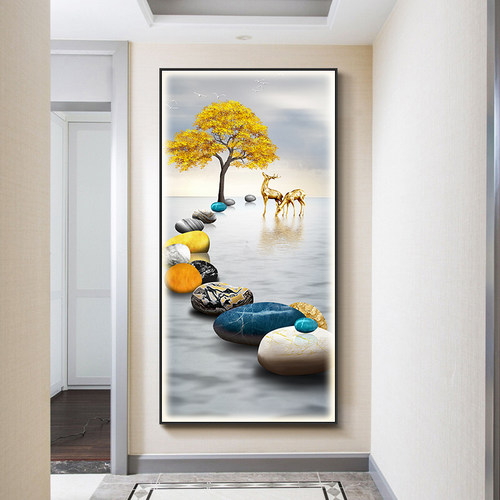 玄关饰画灯画石来运转过道走廊挂画晶瓷钻入户客厅竖背景墙画