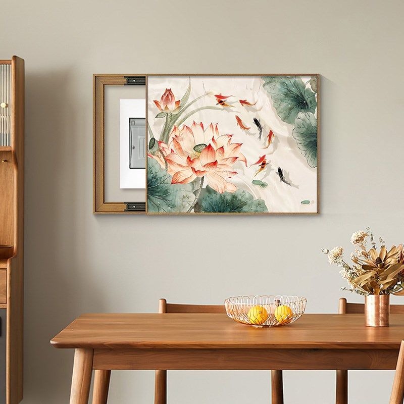 新电表箱装饰画荷九鱼寓意配电箱遮挡电闸关盒挂画,家居饰品,现代装饰画,淘宝优惠券,粉丝福利购,淘宝优惠卷