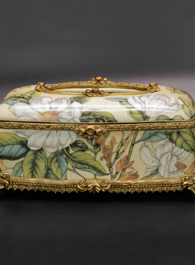 欧式家居摆件牡丹花瓶陶瓷配铜玄关摆设客厅镶瓷室内软装饰品