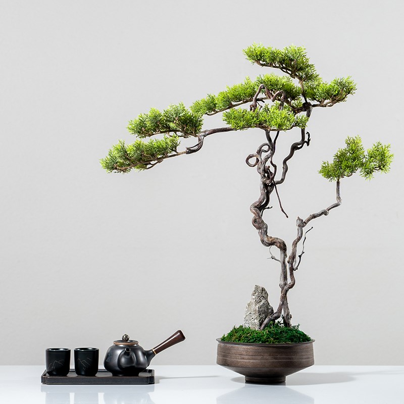 中式客厅盆景仿真迎客松绿植造景摆件办公室室内盆栽玄关桌面装饰