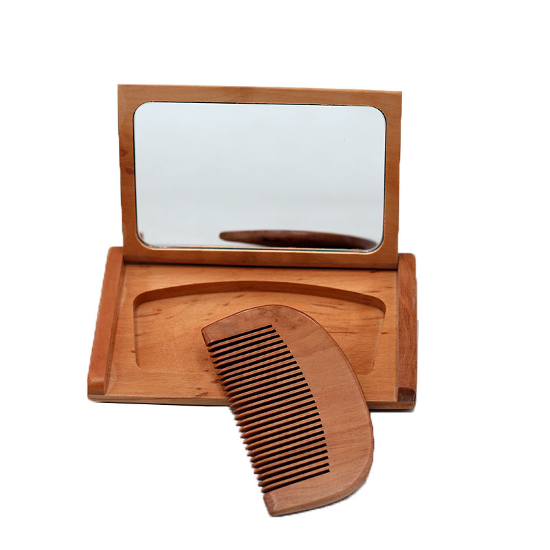 新款木质半月形折叠小镜子 便携式女士带梳子装镜工艺礼品