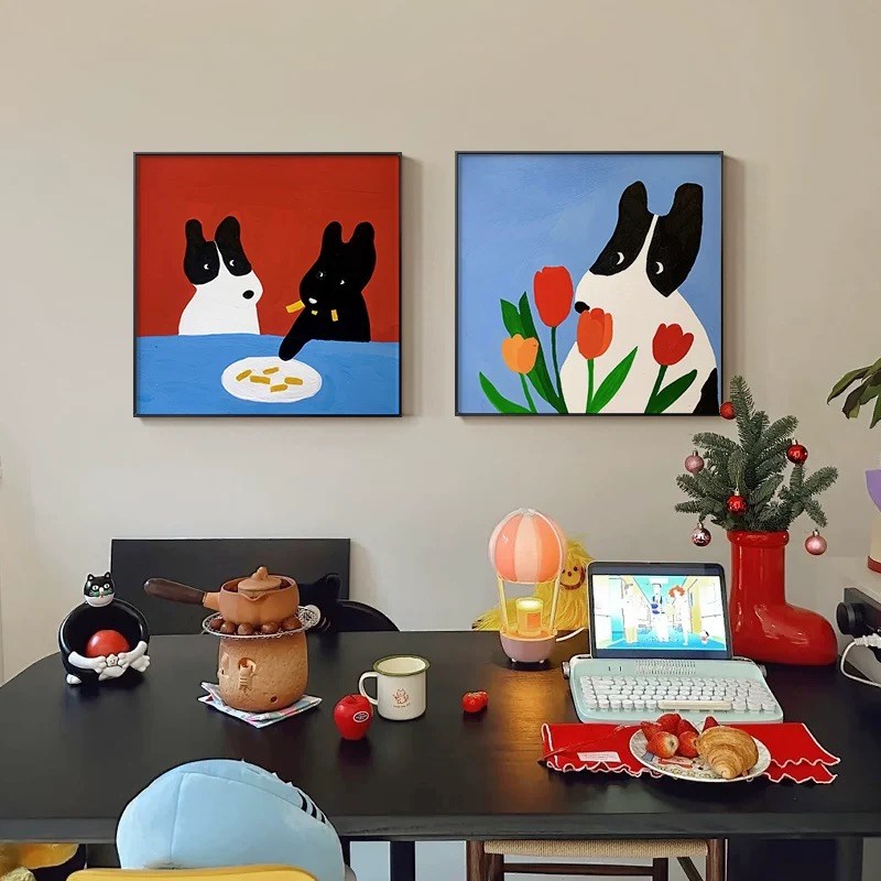源头工厂正方形客厅装饰画卡通小狗红色儿童房墙壁画现代玄关挂画图片