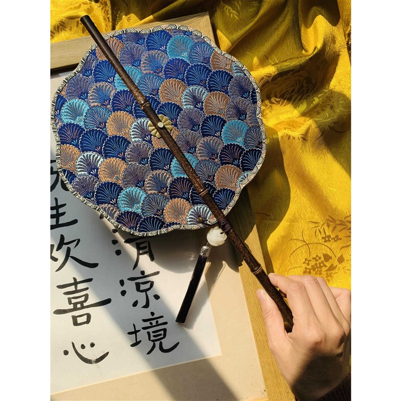 荷塘月韵 紫竹长款 可卷可折叠古风腰扇 国风礼品