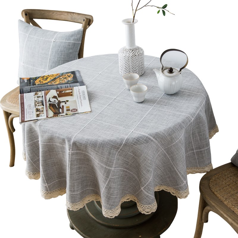 现代简约圆桌桌布棉麻素色家用圆形茶几台布可水洗麻料格子布布艺