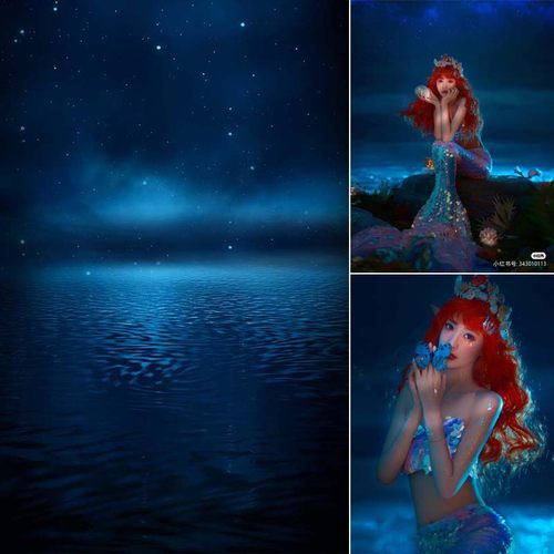 夏季大海夜晚蔚蓝色海平面星空室内写真拍照背景美人鱼题背景布