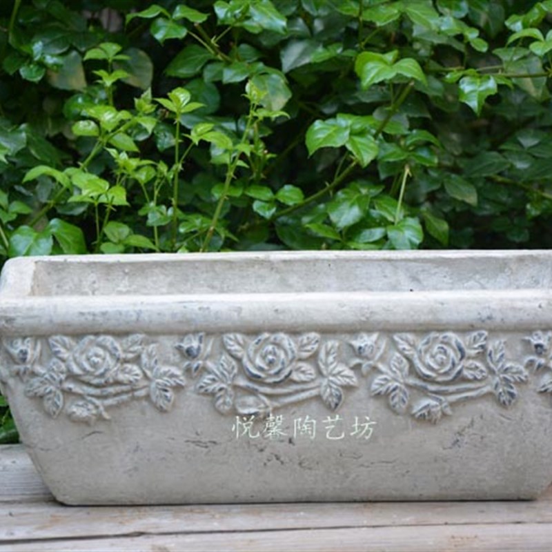 欧式风格陶艺花器 粗陶做旧花盆 复古 长方款玫瑰花边陶盆 陶器