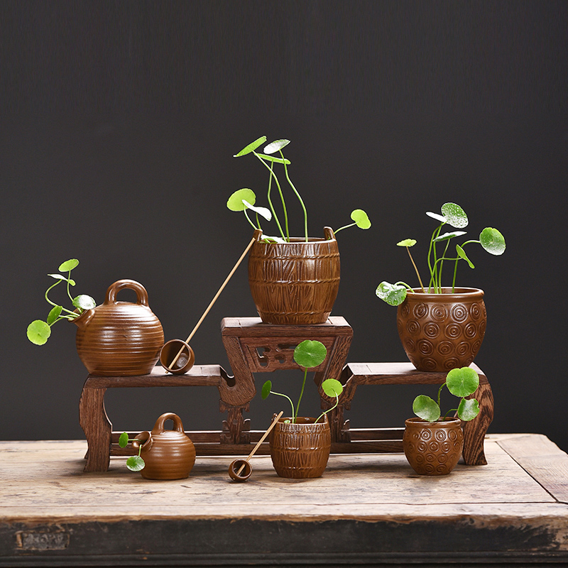 创意水缸水桶复古陶瓷迷你小花器家居水培铜钱草茶桌装饰花瓶