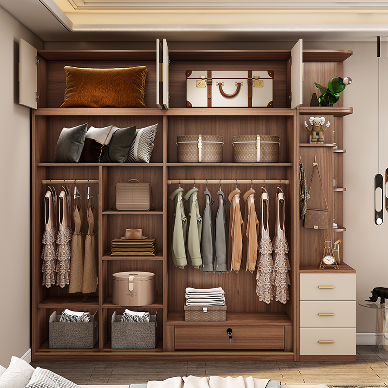生态实木多层板推拉门衣柜现代家用卧室柜子移门胡桃色大衣橱