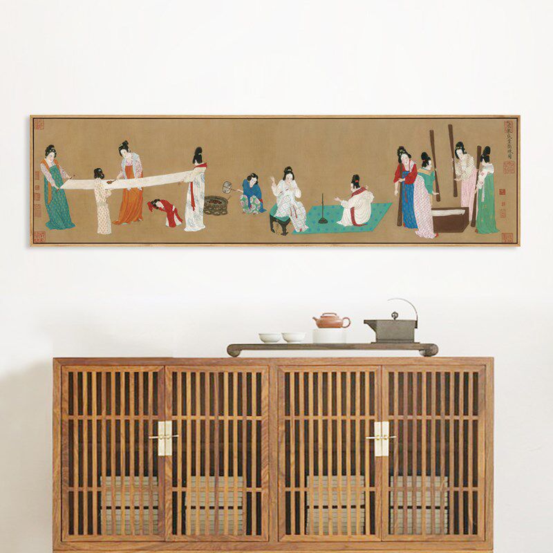 水墨宣言 唐代张暄捣练图宫廷仕女挂画古风装饰画茶室背景墙壁画