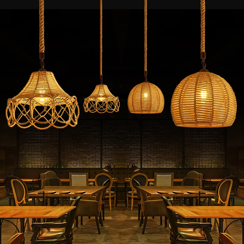 复古风麻绳吊灯创意个性餐厅饭店大排档咖啡吧台怀旧灯罩店铺商用