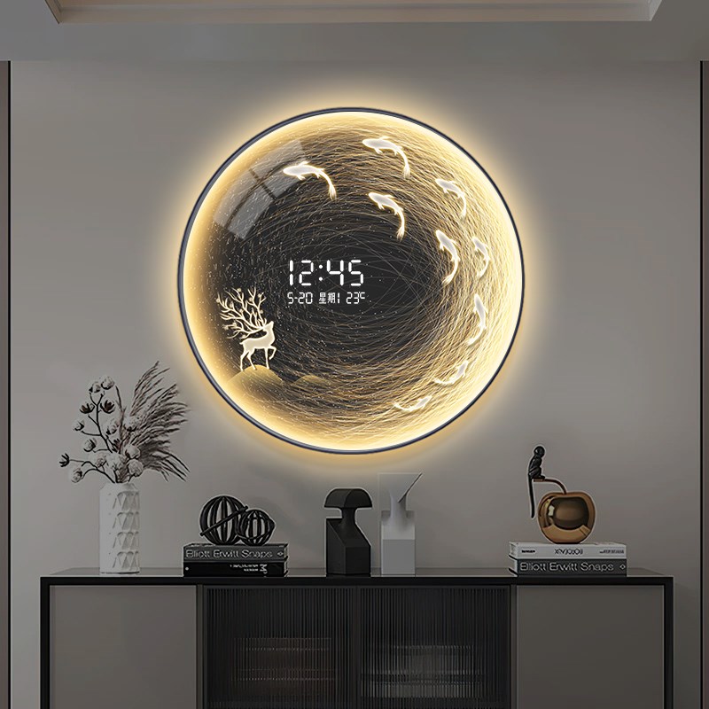圆形九鱼图玄关装饰画万年历电子钟表挂钟2025款餐厅创意时钟壁灯图片