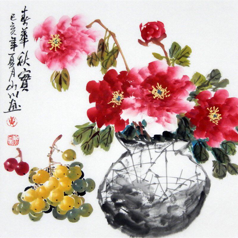 纯手绘国画鸟画水墨画尺斗方牡丹图书房卧室玄关装饰实木带框