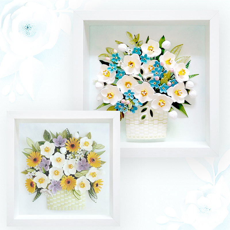 衍纸材料包装线稿图花好月圆繁花似锦手工折卷纸立体花篮成品画