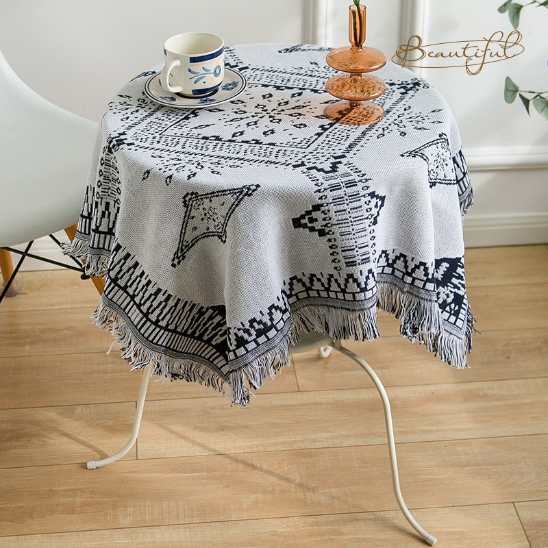 东柏家 法式in风黑白格桌布床头柜盖布蕾丝高级感圆桌布餐桌布