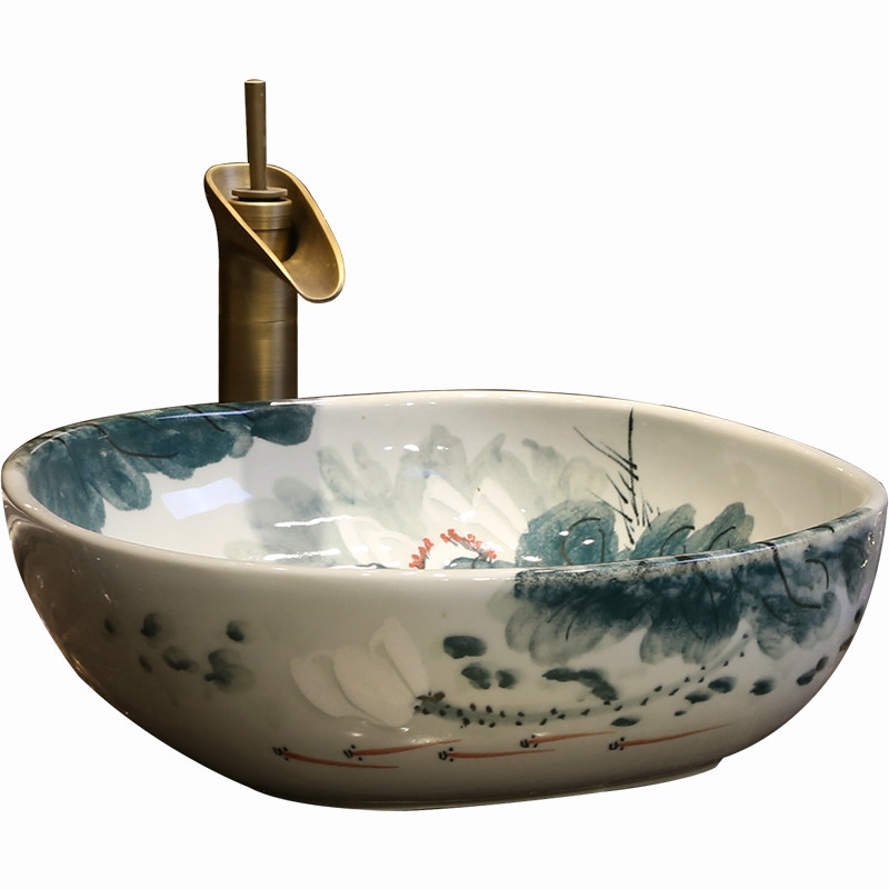 景焱复古荷花艺术台上盆卫生间陶瓷洗脸盆中式方形台盆台上洗手盆