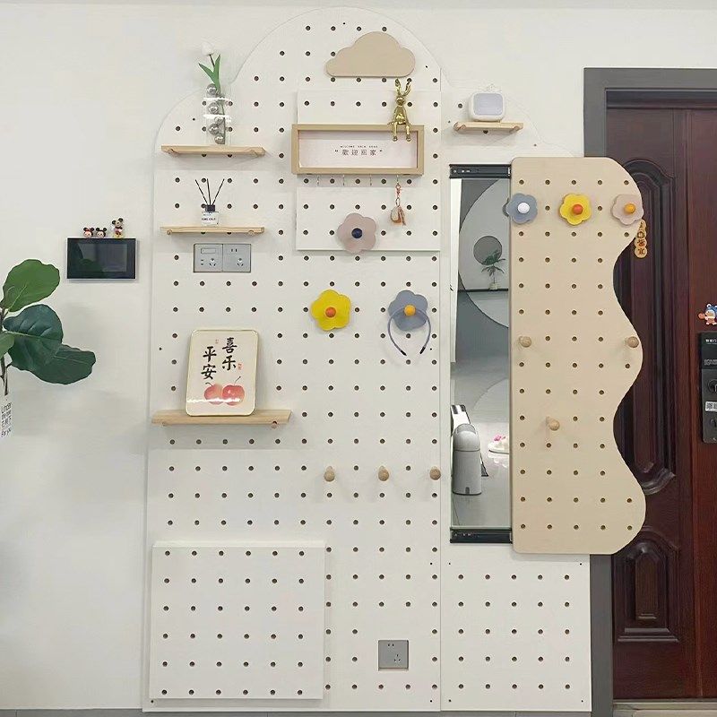 实木洞洞板入户玄关带镜子一体 家用全身穿衣镜U收纳挂衣置物架