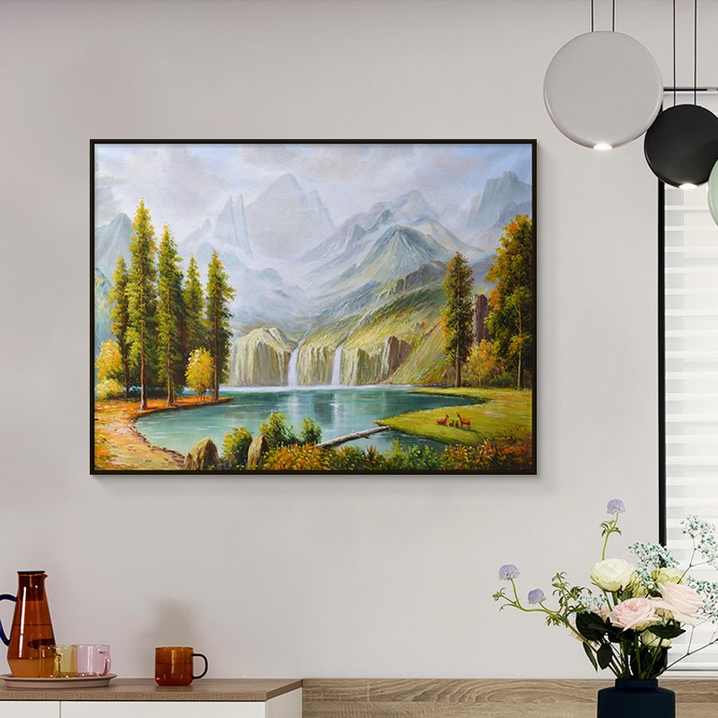 流水生财山水风景餐厅装饰画大芬村油画手绘玄关挂画饭厅餐桌壁画图片