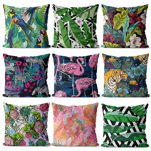 热带鸟卉图案棉麻面抱枕沙发装饰靠垫床头大靠背长腰枕
