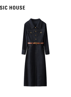 百家好2026春季新款复古收腰翻领水洗牛仔连衣裙时尚百搭轻奢长裙