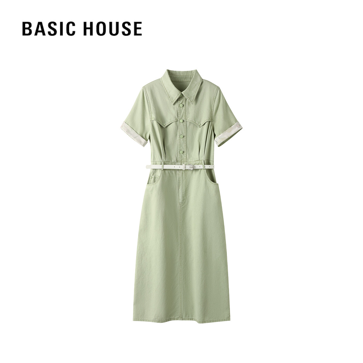 百家好夏季薄荷绿工装连衣裙女复古拼接时尚收腰显瘦衬衫领长裙