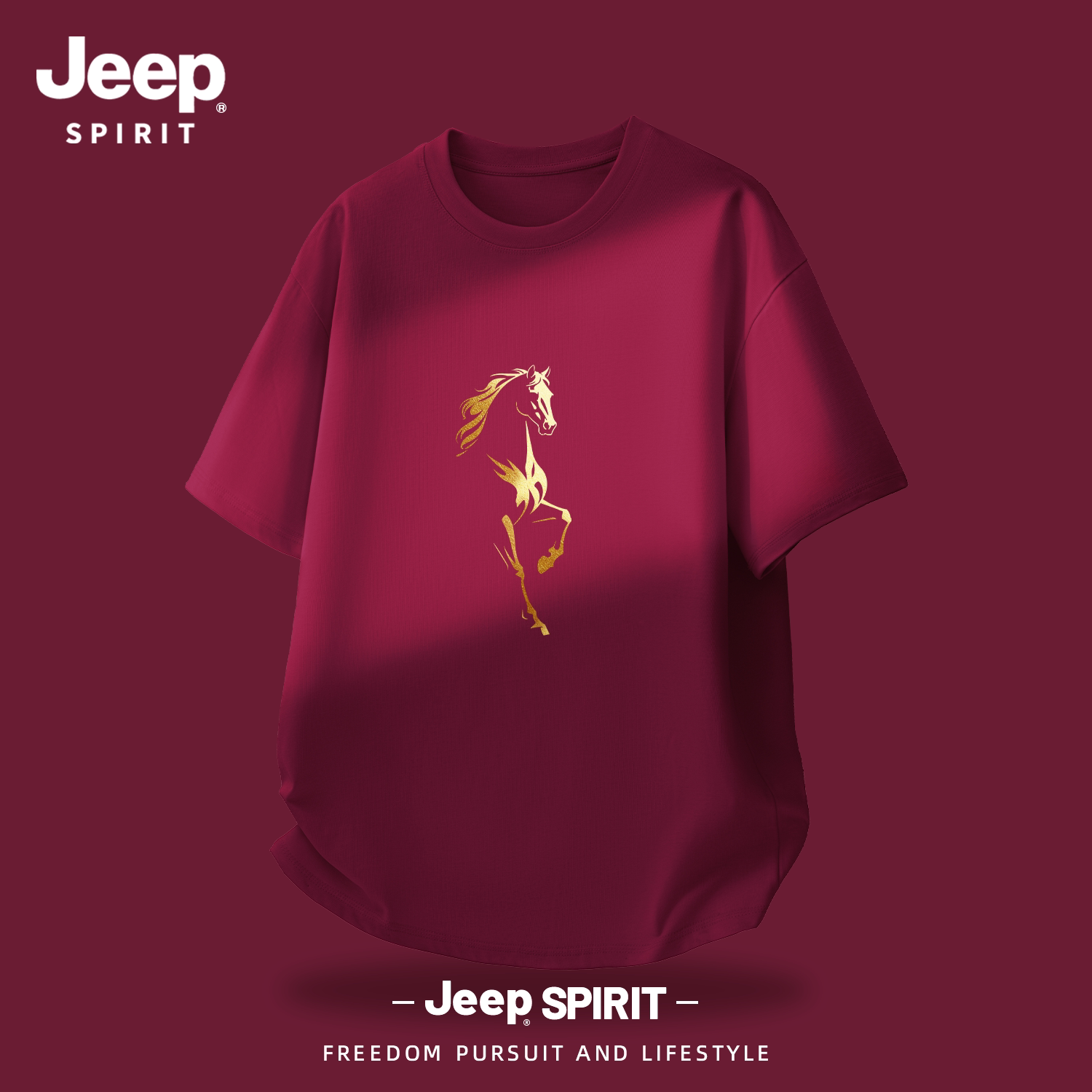 Jeep吉普男士短袖t恤酒红纯棉2026春季新款高级感金箔马半袖慵懒