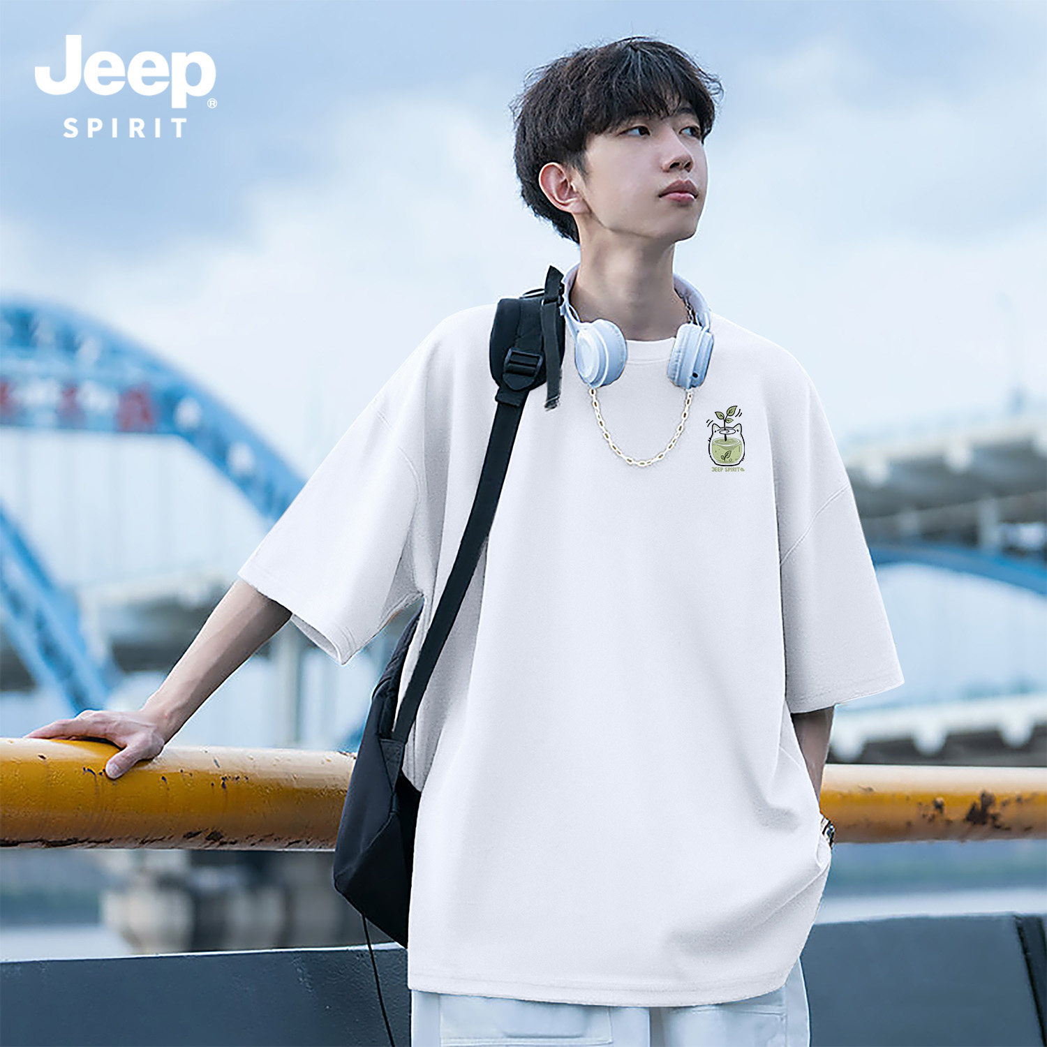 Jeep吉普白色短袖t恤男款2026新款小清新纯棉宽松大码男装慵懒风