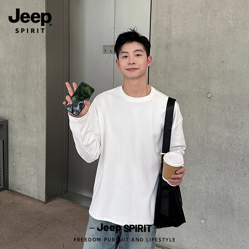 Jeep吉普白色重磅纯棉圆领套头长袖T恤男生2025春秋季男士打底衫