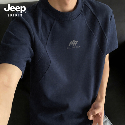 Jeep吉普藏青美式插肩短袖T恤男