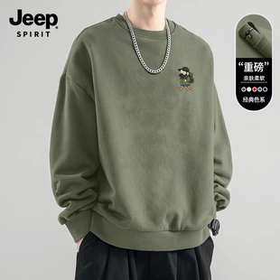 Jeep吉普新款重磅圆领卫衣男2026春秋季新款宽松百搭绿色长袖男装
